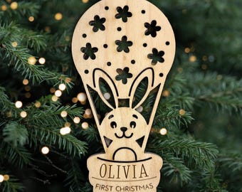 Personalized Baby's First Christmas Ornament, Baby Bunny in Hot Air Balloon with Custom Name and Year
