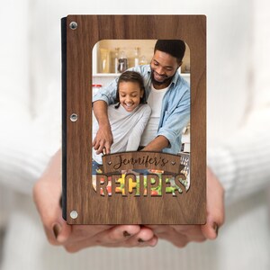 Presente de casamento, livro de receitas personalizado, design de banner, capa de madeira com capa para foto, cartões de receita em branco, personalize com nome, capa de nogueira