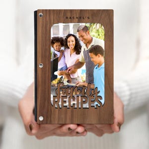 Livro de receitas de família personalizado, capa de madeira com capa de foto, cartões de receitas em branco, encadernação de cortiça, personalize com qualquer nome, capa de nogueira