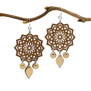Mandala Earrings, Two-Tone Wood and Sterling Silver, Handmade, Matching Necklace Available, Gift for Mom, Grandma, Aunt, Sister, Friend