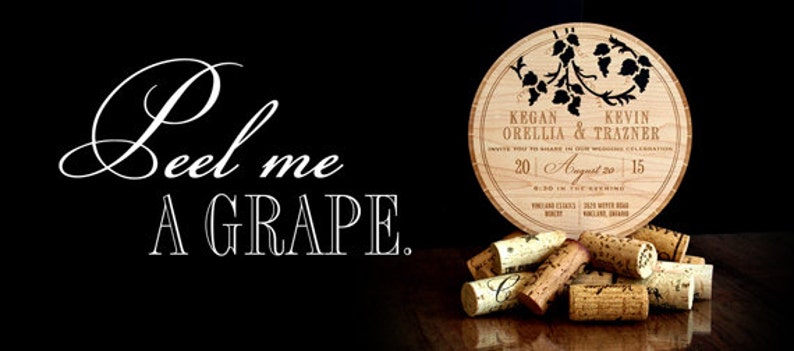 Wood Wedding Invitation of Wine Barrel Top: Sample of Rustic, Laser Cut Wood Invitation Featuring Grape Vines Made from Thick Wood Planks image 5