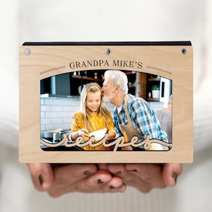 Livro de receitas personalizado, design de arco horizontal, capa de madeira com capa de foto e cartões de receita em branco, personalize com qualquer nome, capa de bordo
