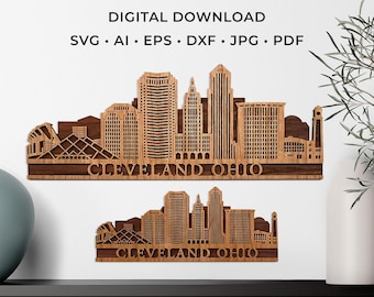 May include: Laser-cut wooden skyline of Cleveland, Ohio, in two sizes. The design features detailed building outlines and the city name. The text "LASER CUT FILE DIGITAL DOWNLOAD" is at the top, with file type options.