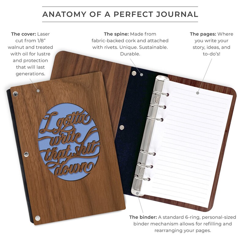 Gift for man, teen, college student, coworker or colleague. Personalized I Gotta Write that Shit Down funny quote laser cut maple wood cover journal notebook with inspirational quote and lined paper pages