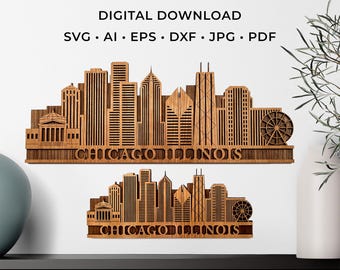May include: Laser-cut wooden skyline of Chicago, Illinois, featuring detailed building silhouettes and the city's name. The design includes a Ferris wheel and various architectural styles. The digital download includes SVG, AI, EPS, DXF, JPG, and PDF formats.