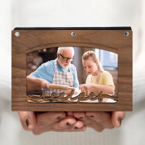 Presente de casamento, livro de receitas personalizado, design horizontal, capa de madeira com capa fotográfica e cartões de receita, personalize com nome, capa de nogueira