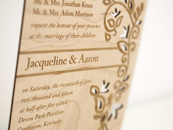 Wood Wedding Invitation With Vine: Sample of Rustic, Laser Cut
