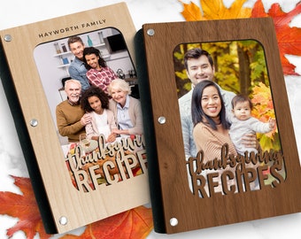 Personalized Heirloom Thanksgiving Recipe Book, Wood with Photo Sleeve on Cover, Refillable Blank Recipe Cards, Customize with any Name