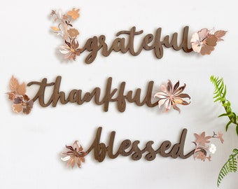 Grateful Thankful Blessed Word Art Home Decor - Home Decor - Office Decor - Laser Cut Wood Wall Art with Metal Embellishments