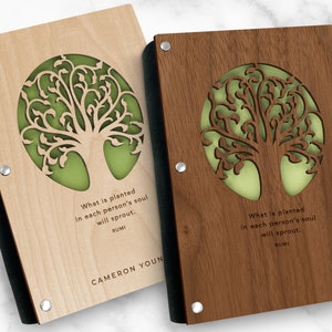 Personalized Wood Notebook, Tree of Life Laser Cut Wood Journal with Cork Binding and Refillable A6 Binder, Customize with any Name