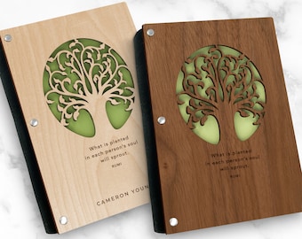 Personalized Wood Notebook, Tree of Life Laser Cut Wood Journal with Cork Binding and Refillable A6 Binder, Customize with any Name