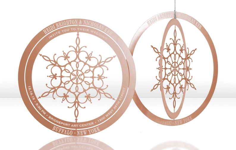 3D Metal Snowflake Wedding Invitation: Silver, Gold, or Rose Gold Metal Invitation Doubles as an Ornament that Guests Keep image 4