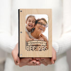 Livre de recettes de grand-mère, couverture en bois avec pochette pour photo, reliure en liège, cartes de recettes vierges et reliure A6 rechargeable, couverture en érable