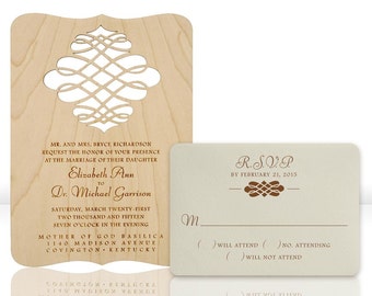 Peut inclure: Une invitation de mariage en bois avec un motif découpé au laser. L'invitation est pour le mariage d'Elizabeth Ann et du Dr Michael Garrison le samedi 21 mars 2015 à 19h00 à la basilique Mère de Dieu à Covington, Kentucky. Une carte RSVP est incluse avec le texte "R.S.V.P. avant le 21 février 2015".