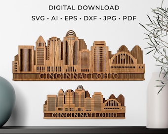 May include: Two wooden laser-cut Cincinnati, Ohio skyline wall art pieces. The text "CINCINNATI OHIO" is carved into the base of each piece. The top of the image has the text "LASER CUT FILE DIGITAL DOWNLOAD" and file type options.