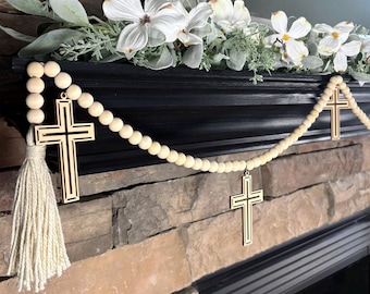 Cross Mantel Decoration for Easter or Christmas with Religious Charms, Wood Bead Garland with Jute Tassels, Rustic Farmhouse Decor