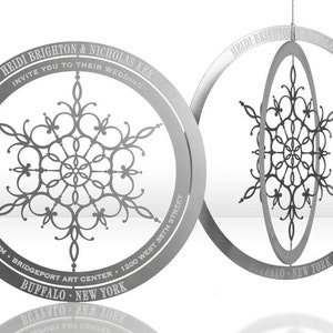 3D Metal Snowflake Wedding Invitation: Silver, Gold, or Rose Gold Metal Invitation Doubles as an Ornament that Guests Keep