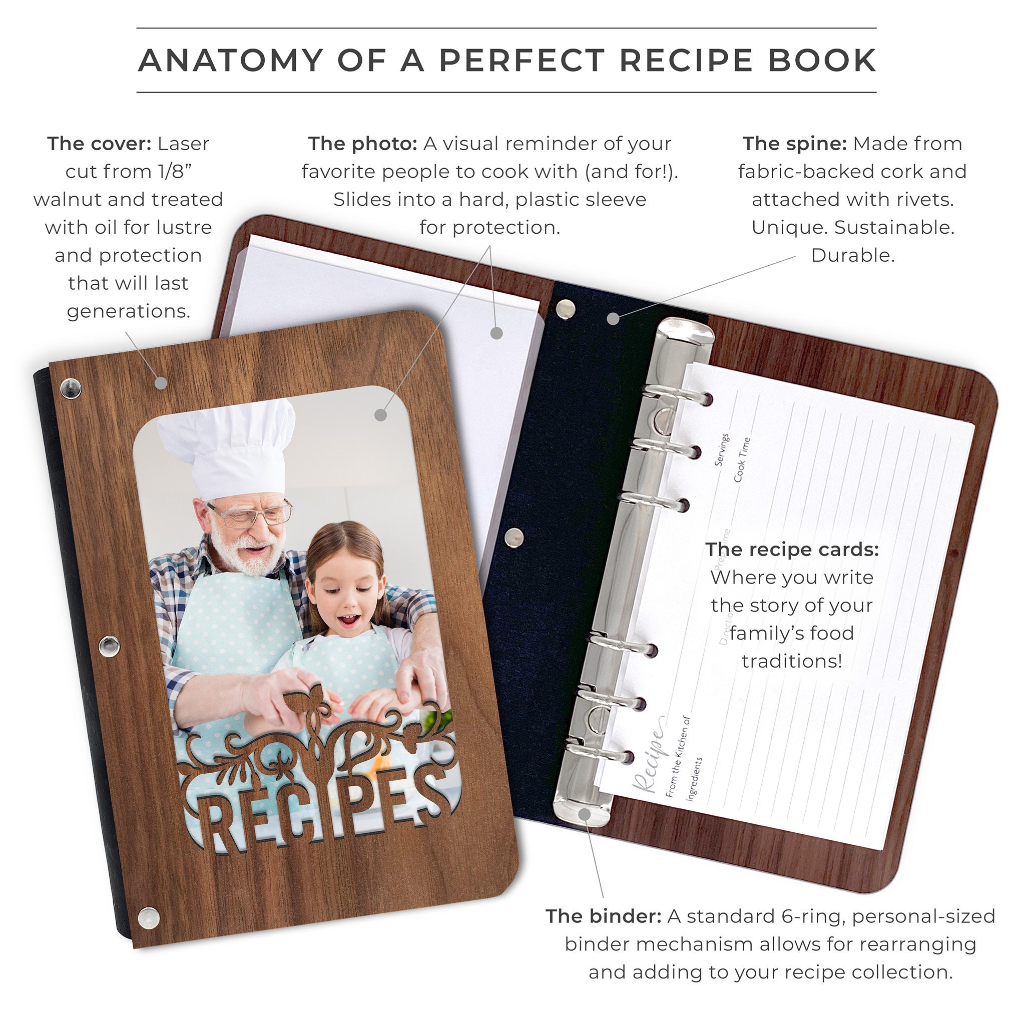 Personalize Recipe Book, Wood Cookbook, Wooden Recipe Book - Inspire Uplift