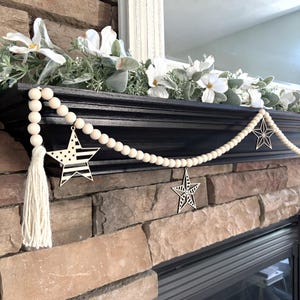 Star Garland with Patriotic Barn Stars Wood Charms for 4th of July, Independence Day, Memorial Day, Military Decor, Wood Bead Garland