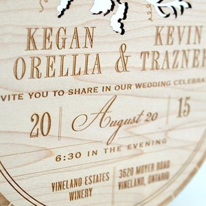 Wood Wedding Invitation of Wine Barrel Top: Sample of Rustic, Laser Cut Wood Invitation Featuring Grape Vines Made from Thick Wood Planks image 3