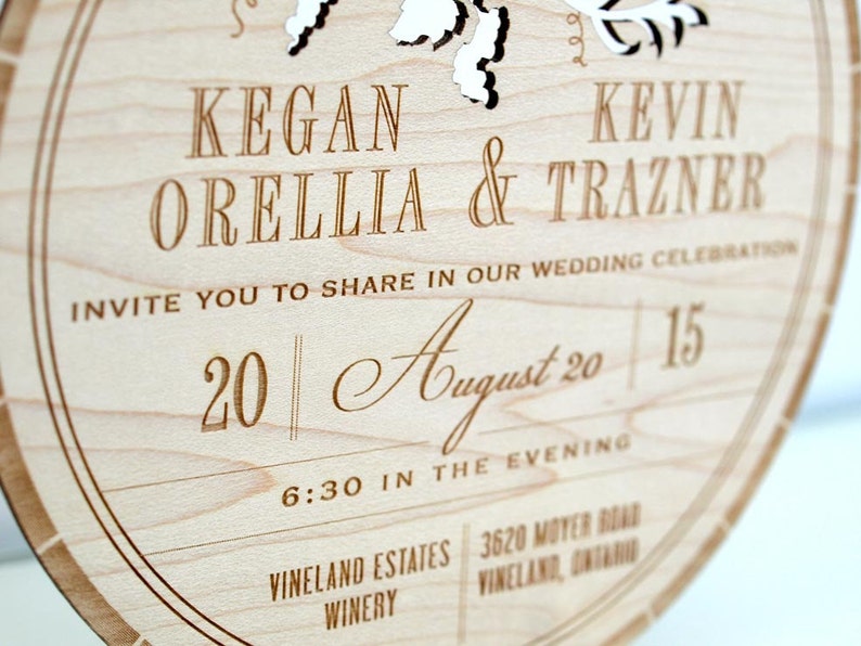 Wood Wedding Invitation of Wine Barrel Top: Sample of Rustic, Laser Cut Wood Invitation Featuring Grape Vines Made from Thick Wood Planks image 3