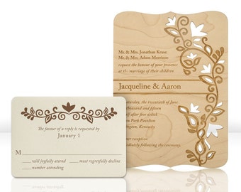 May include: A wooden wedding invitation with a floral design. The invitation is for Jacqueline and Aaron, and the wedding is on June 20th, 2015 at 5:00 PM at the Park Pavilion in Lexington, Kentucky.