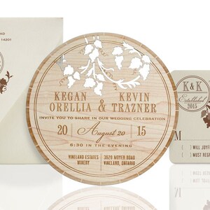 Wood Wedding Invitation of Wine Barrel Top: Sample of Rustic, Laser Cut Wood Invitation Featuring Grape Vines Made from Thick Wood Planks image 2