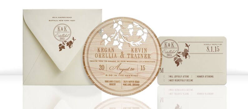 Wood Wedding Invitation of Wine Barrel Top: Sample of Rustic, Laser Cut Wood Invitation Featuring Grape Vines Made from Thick Wood Planks image 2