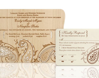 Faire-part de mariage en bois avec motif cachemire : échantillon de faire-part de mariage rustique en bois découpé au laser avec motifs cachemire fabriqués à partir de planches de bois épaisses