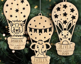 Personalized Baby's First Christmas Ornament, Baby Lion, Bunny or Elephant in Hot Air Balloon with Custom Name and Year