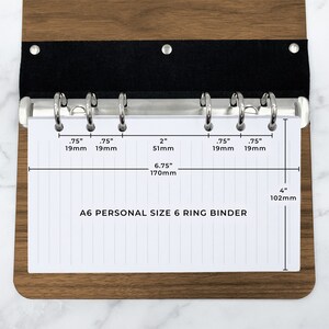 Laser cut walnut or maple wood journal with A6 personal 6 ring binder and lined pages
