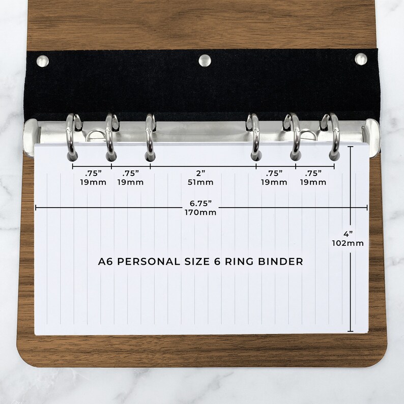 Laser cut walnut or maple wood journal with A6 personal 6 ring binder and lined pages