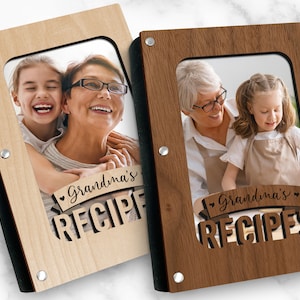 Livre de recettes de grand-mère, couverture en bois avec pochette pour photo, reliure en liège, cartes de recettes vierges et classeur A6 rechargeable, cadeau de grand-mère