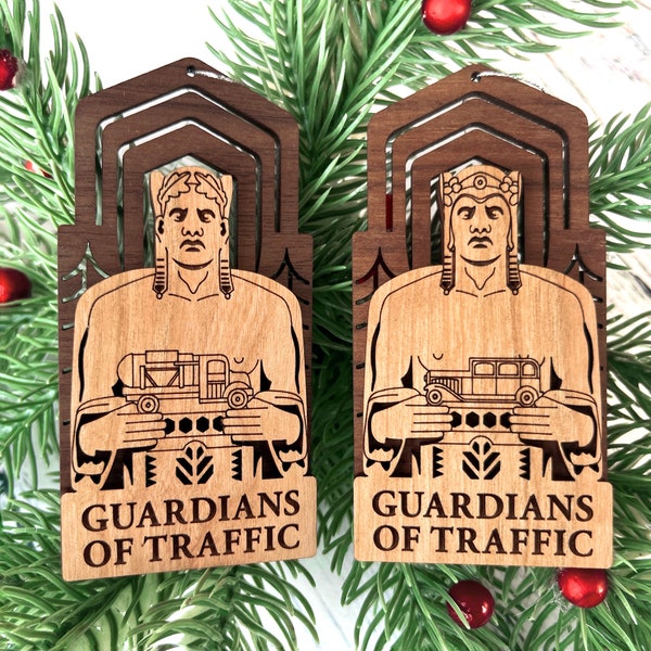 Guardians Ornament, Cleveland "Guardians of Traffic" Statues from the Cleveland Hope Memorial Bridge, Made from Laser Cut Wood