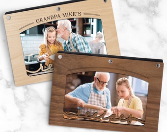 Personalized Recipe Book, Elegant Arc Design, Wood with Photo Sleeve, Refillable A6 Binder, and Cork Binding, Customize with any Name