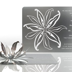 Real Metal 3D Lily Flower Wedding Invitation, Silver, Gold, or Rose Gold Invitation Doubles as Wedding Favor Sculpture that Guests Keep