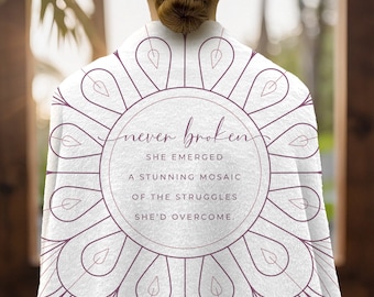 Extra Large, Soft, and Warm Throw Blanket with "Never Broken" Inspirational Quote, Get Well Soon Gift, Chemo Care Package, White and Pink