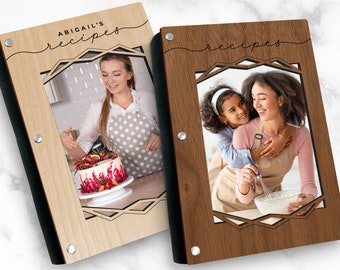 Personalized Recipe Book, Geometric Design, Wood Cover with Photo Insert, Refillable Binder, and Cork Binding, Customize with any Name