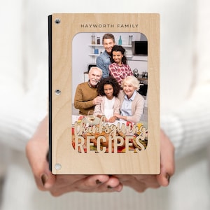 Livro de receitas de Ação de Graças personalizado, madeira com capa com foto, cartões de receitas em branco recarregáveis, personalize com qualquer nome, capa de bordo