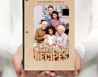 Personalized Thanksgiving Recipe Book, Wood with Photo Sleeve on Cover, Refillable Blank Recipe Cards, Customize with any Name, Maple Cover