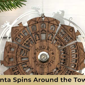 Unique Christmas Ornament with Spinning Santa Over Town - Laser Cut Wood Ornament - Magical Handmade Ornament