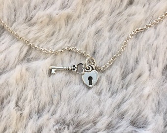 Necklace pendant real silver key heart