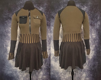 Military Short fitted dress in black, khaki green and striped cotton, 6 pockets