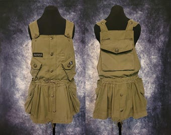 Khaki Green Military Overall Dress with 7 pockets