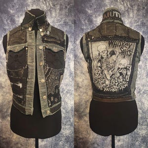 Veste en Jeans Décolorés avec des Imprimés et "Patchwork" de Cuir cousu à la main, 8 Poches