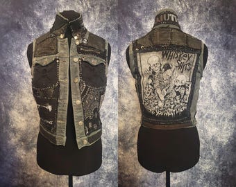 Faded Denim Jacket with Prints and Hand-stitched Leather Patchwork, 8 Pockets