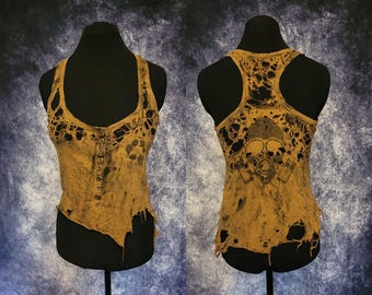 Button-front Short Top, Torn and Painted -Gas Mask-