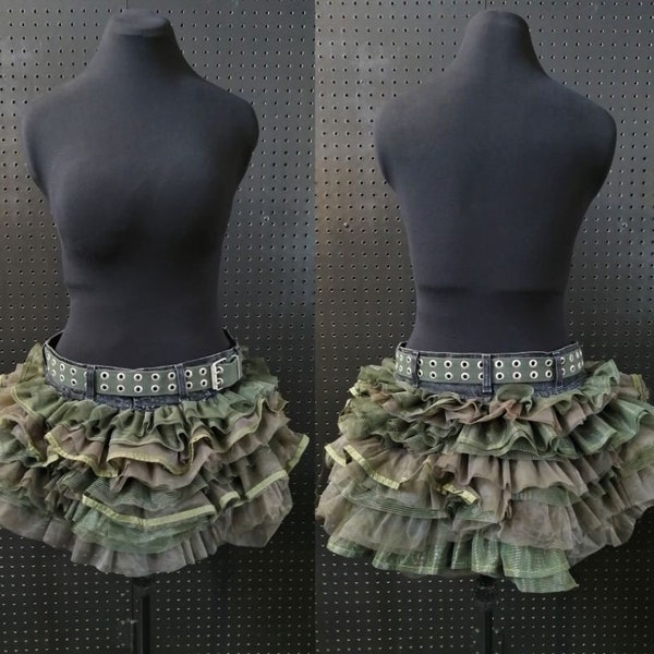 Gonna corta tutu/ Telles Kaki verde e Taupe Marrone / Cintura / Riciclato