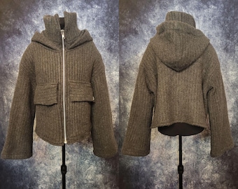 Oversized Hooded Coat Made from a Dark Grey Thick Wool Blanket