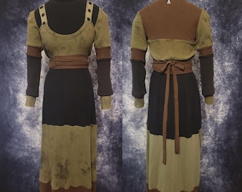 Long Fitted Dress in Black, Green and Brown Waffle Cotton, One of a Kind